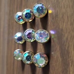 Vintage aurora borealis faceted crystal brass buttons set of 9